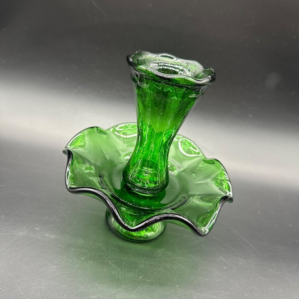 Vintage Green Glass Epergne Vase Single Fluted Trumpet Ruffled Pedestal Retro